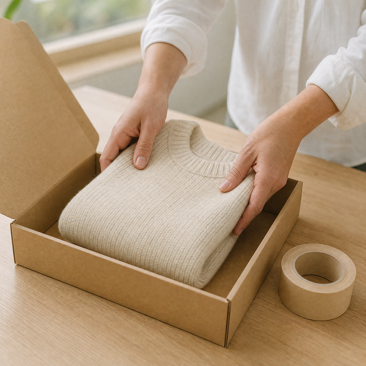 Hands folding a cream knit sweater into a plain kraft box on a wooden table