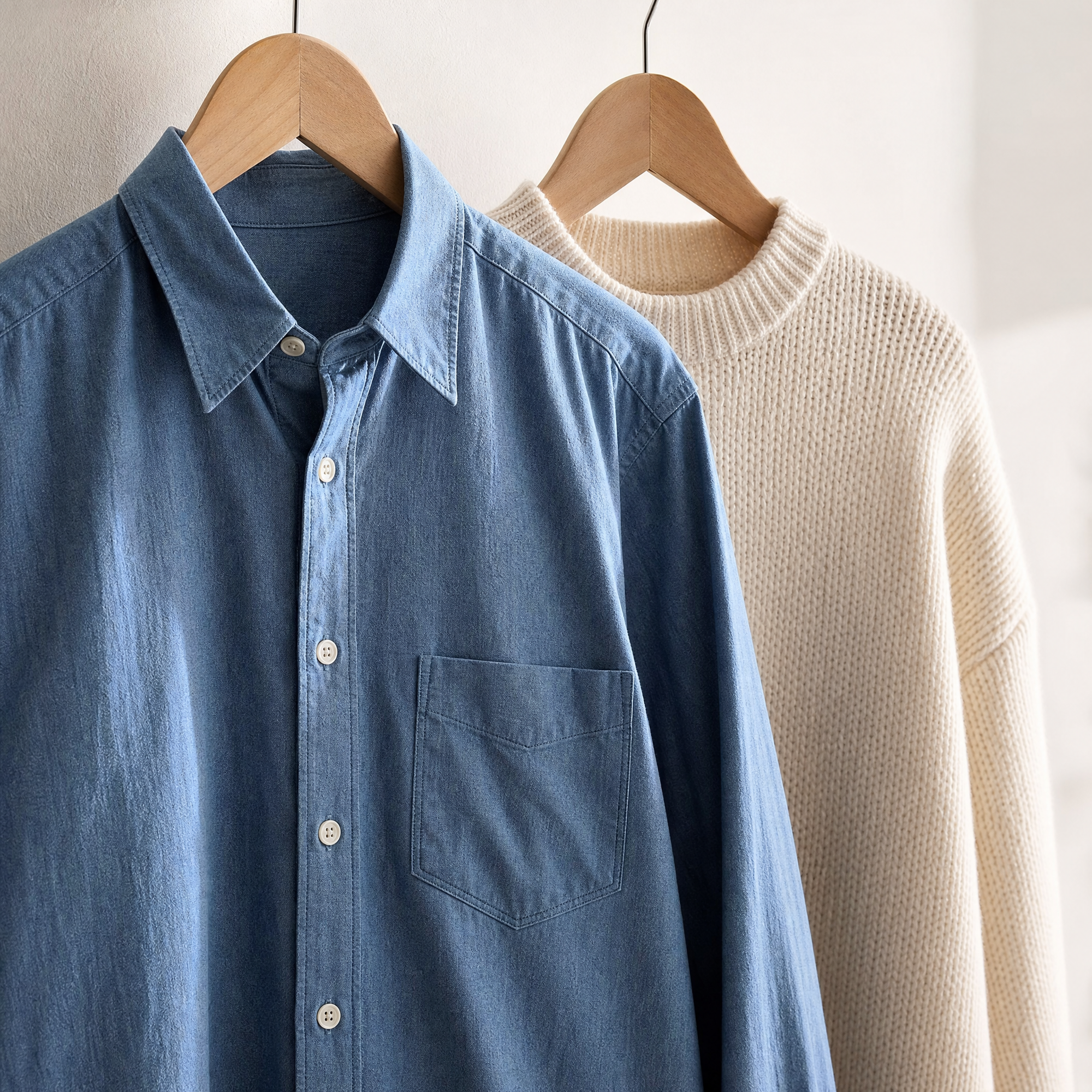 A blue cotton shirt and a cream knit sweater on wooden hangers against a white wall