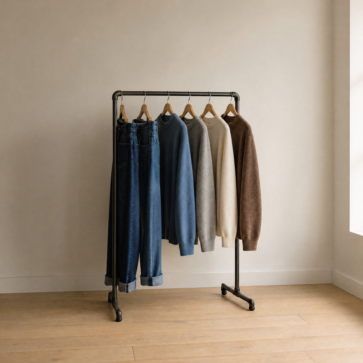A short clothing rail holding six menswear pieces, jeans and knit sweaters, in a plain room