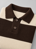 Close up of the pointed knit collar and button placket on a brown and cream striped knit polo