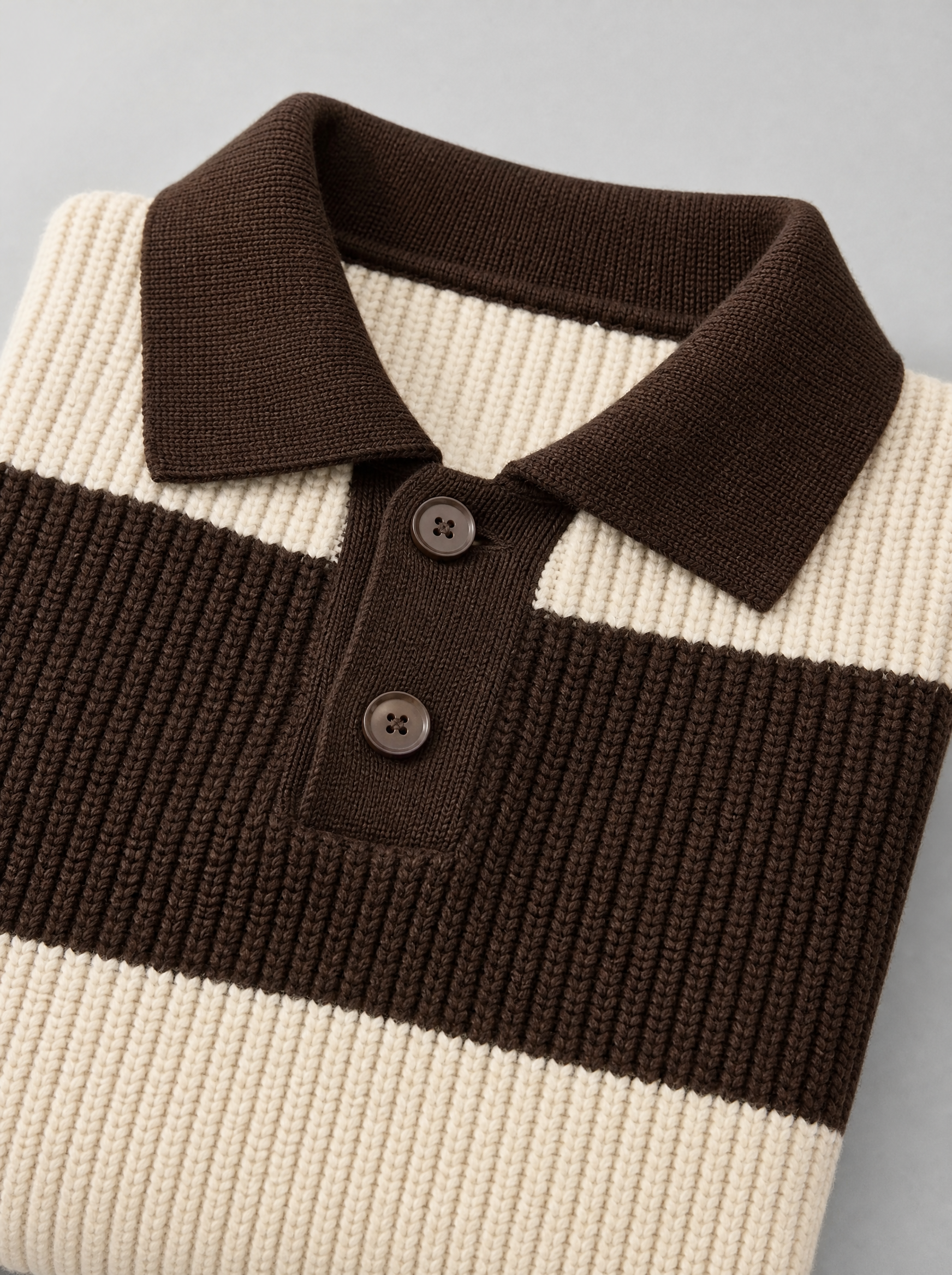 Close up of the pointed knit collar and button placket on a brown and cream striped knit polo