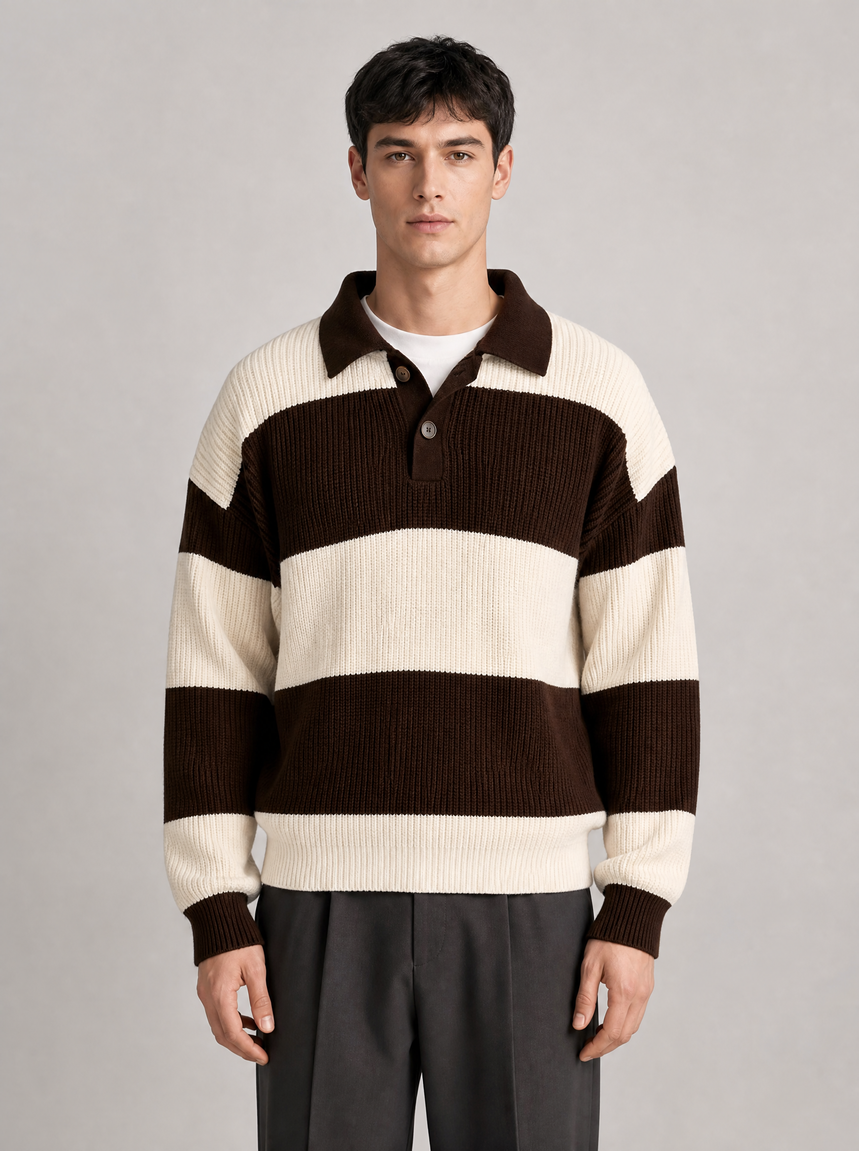 Man wearing a brown and cream striped knit polo sweater, front view on a light grey studio background