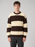 Man wearing a brown and cream striped knit sweater, front view on a light grey studio background