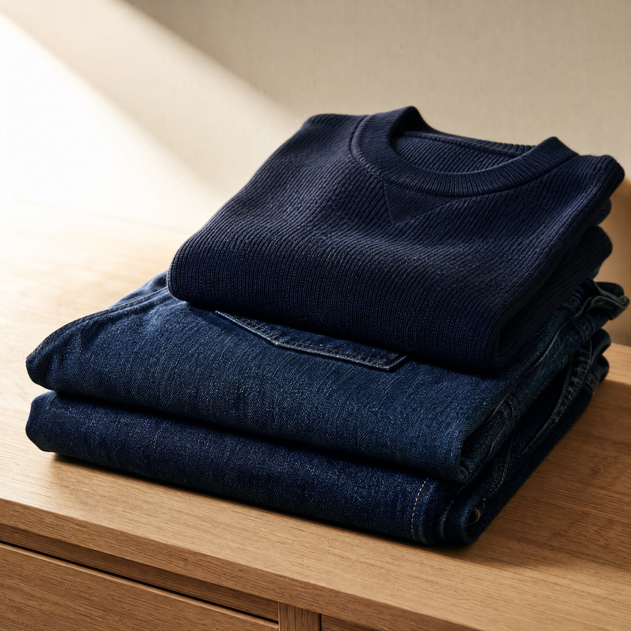 Folded Oliver Jonas indigo jeans and a navy knit sweater on a pale oak surface