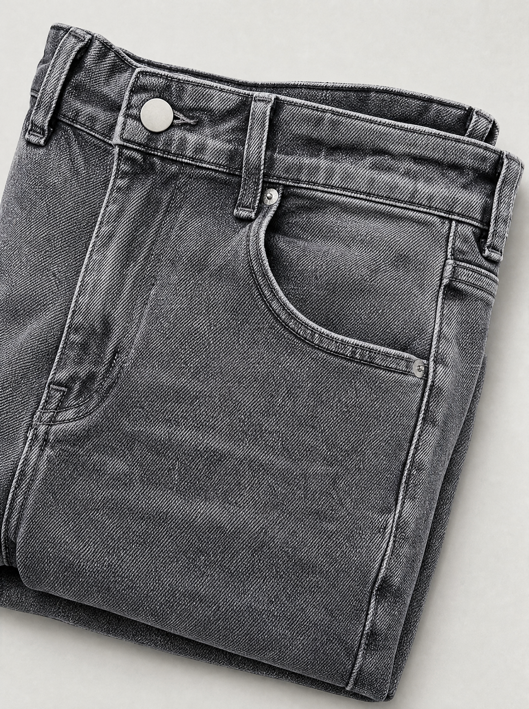 Close up of the waistband, shank button and pocket stitching on frost wash flare leg jeans