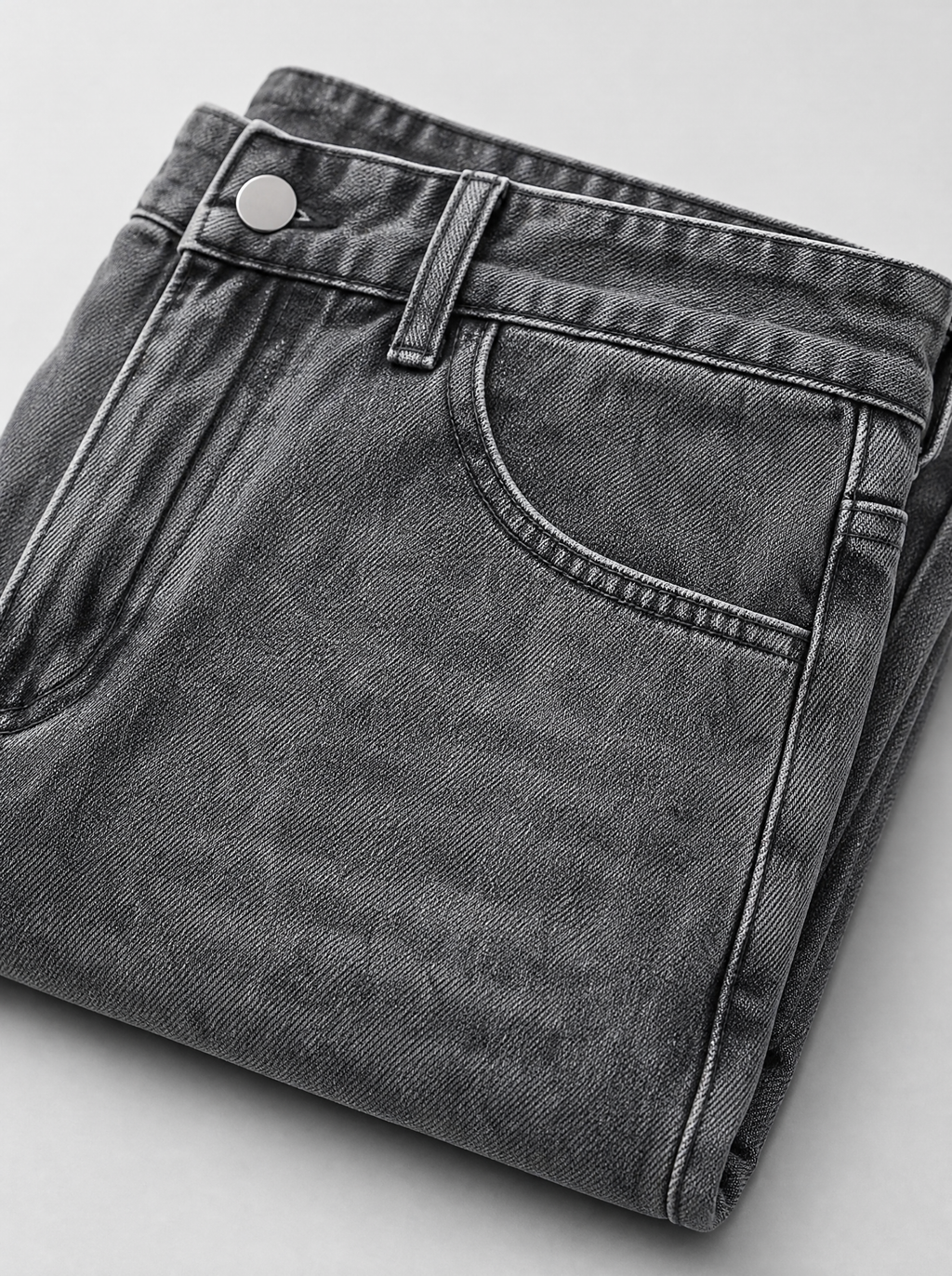 Close up of the waistband, shank button and pocket stitching on oversized baggy washed denim jeans