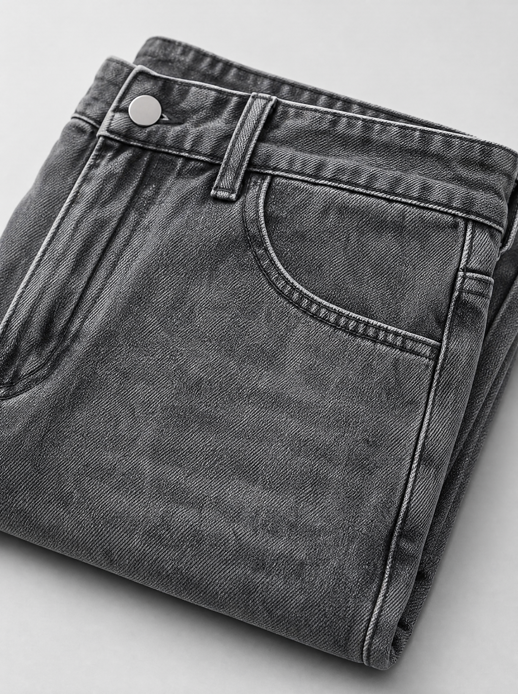 Close up of the waistband, shank button and pocket stitching on oversized baggy washed denim jeans