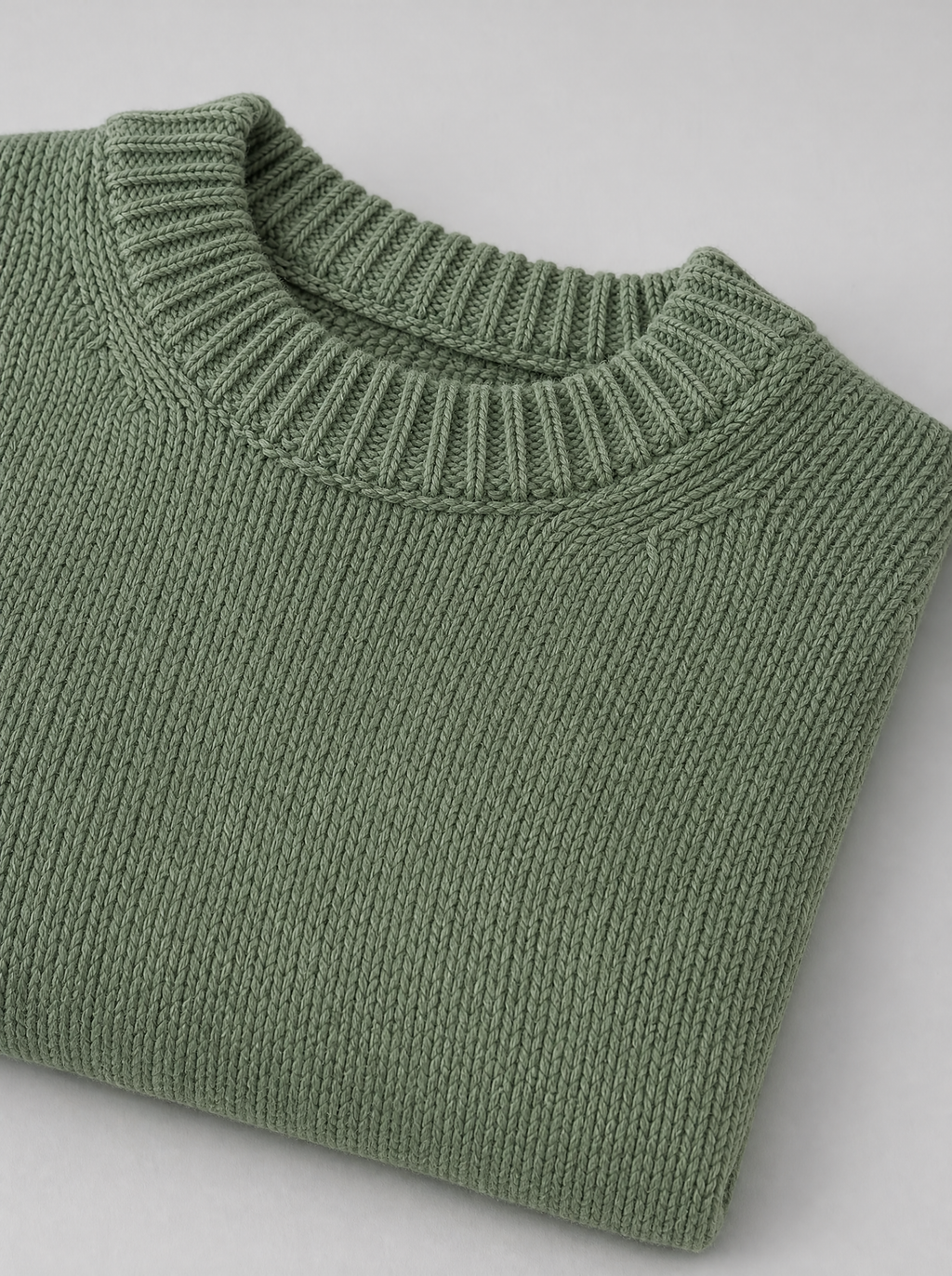 Close up of the ribbed crew neck and knit stitch texture on a sage green sweater