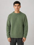 Man wearing a sage green drop shoulder knit sweater, front view on a light grey studio background