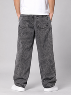 Back view of smoke grey washed relaxed straight jeans showing the back pockets and yoke