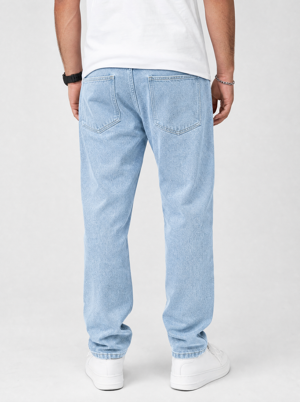 Back view of stretch denim regular fit jeans showing the back pockets and yoke