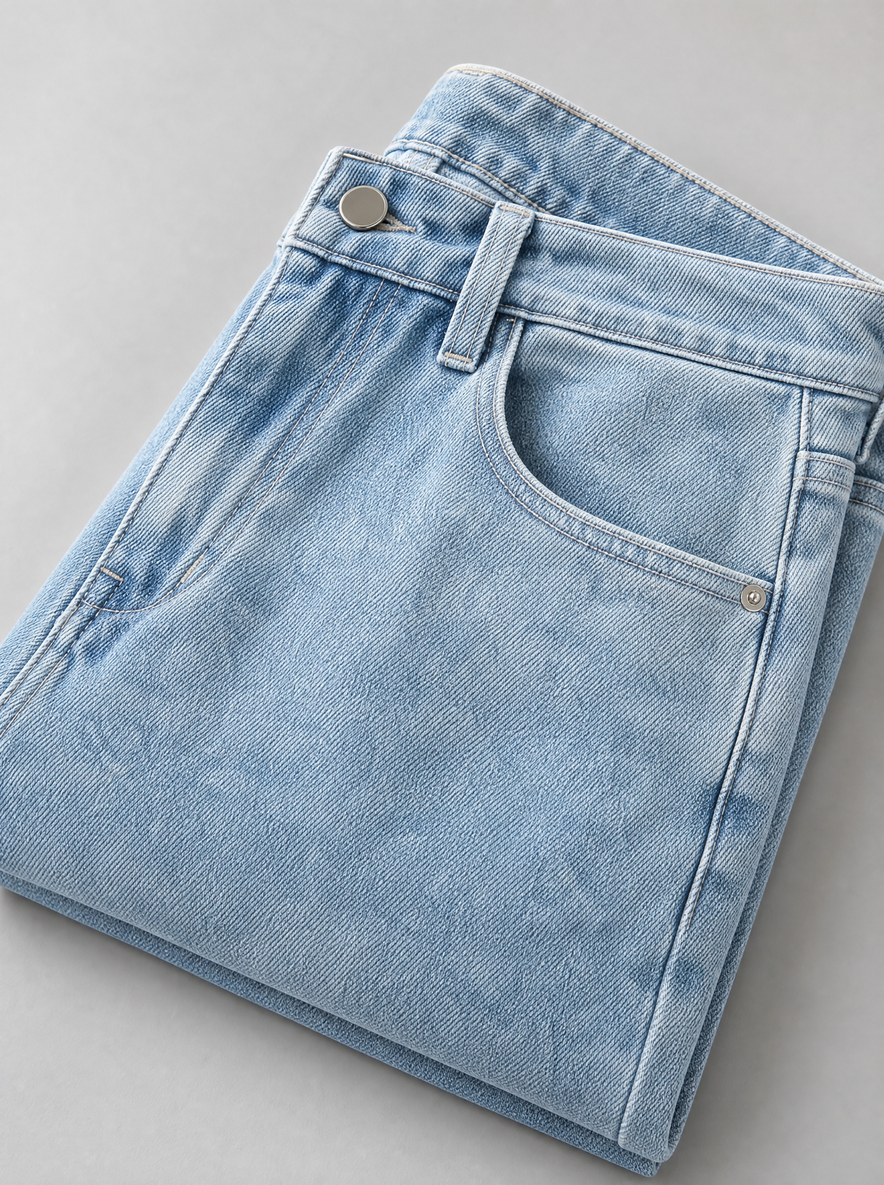Close up of the waistband, shank button and pocket stitching on stretch denim regular fit jeans