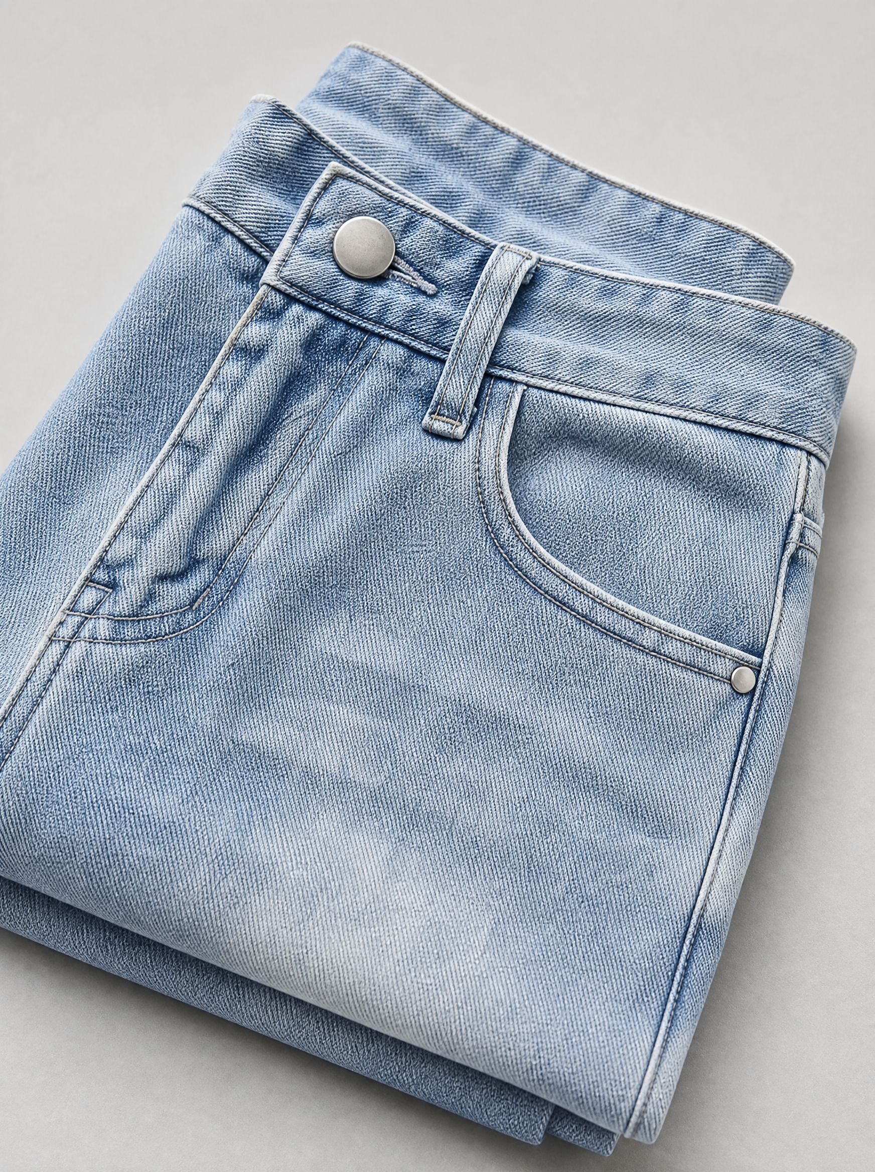 Close up of the waistband, shank button and pocket stitching on washed denim relaxed straight jeans