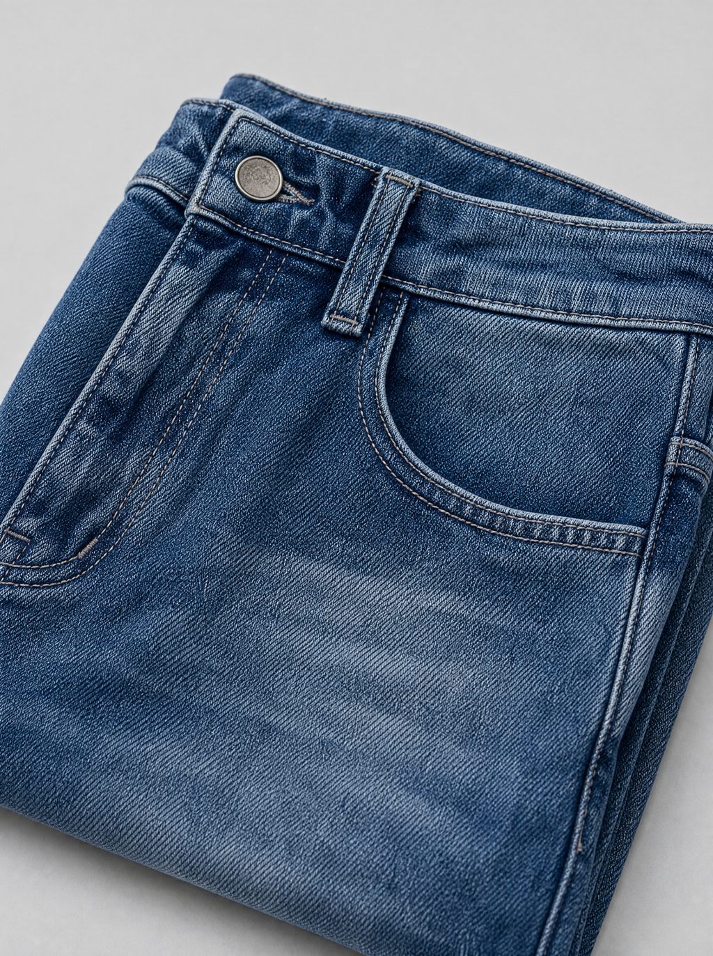 Close up of the waistband, shank button and pocket stitching on whiskered wash loose straight jeans