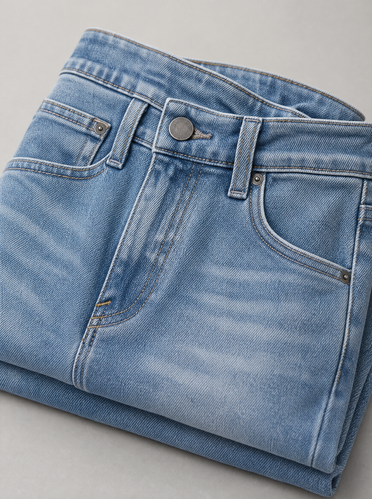 Close up of the waistband, shank button and pocket stitching on Y2K baggy wide leg jeans